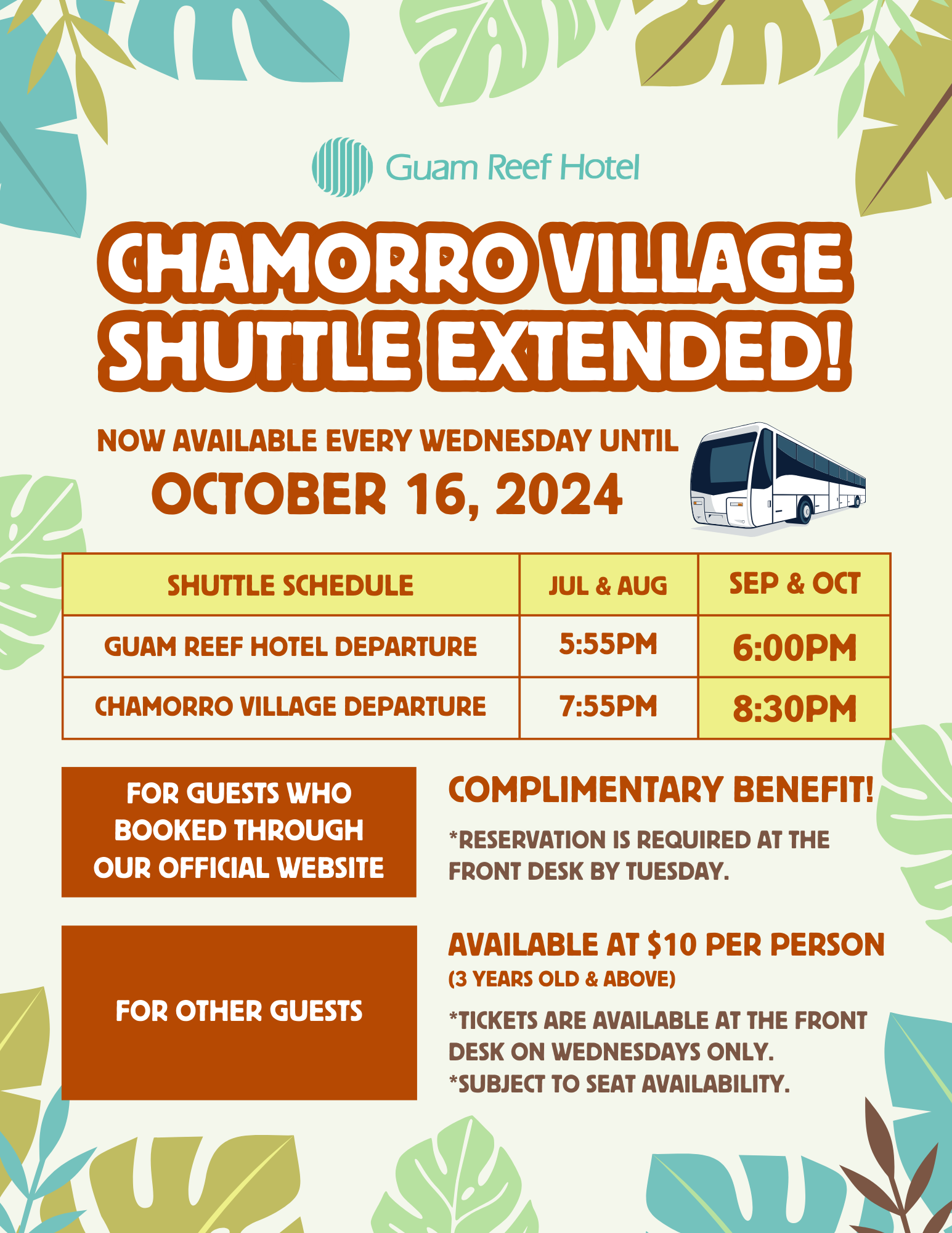 【Extended until 10/16/24】Chamorro Village Shuttle (Complimentary to Hotel Official Website Bookings)