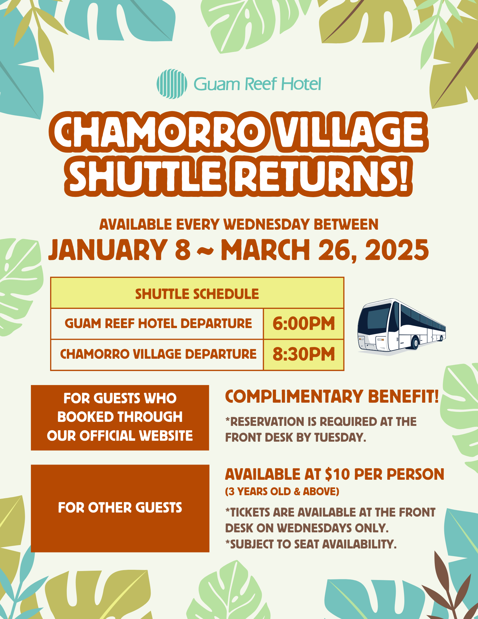 【Wednesdays Exclusive】Chamorro Village Shuttle RETURNS! (Complimentary to Hotel Official Website Bookings)